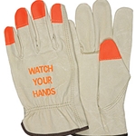 Driver Glove, Industry Pigskin with orange fingertips, "Watch Your Hands" Logo
