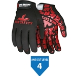 HPPE lined Synthetic Leather palm, Red Silicone Tire Tread grip, Black 2-way Spandex Back, Adjustable Wrist