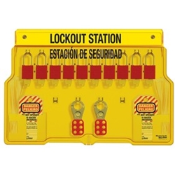 10-Lock Padlock Station, English/Spanish, Anodized Aluminum Padlocks