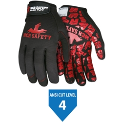 HPPE lined Synthetic Leather palm, Red Silicone Tire Tread grip, Black 2-way Spandex Back, Adjustable Wrist